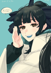 artemis_of_the_blue atelier_live billyonthestraw black_eyes blue_background blue_tongue blunt_bangs blush colored_tongue english_text hair_ribbon highres hood hoodie long_hair mole mole_under_eye ponytail ribbon shark_fin shark_girl sharp_teeth teeth virtual_youtuber white_hoodie