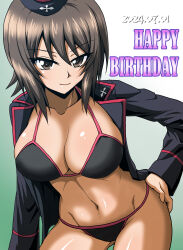 Rule 34 | 1girl, absurdres, bikini, black bikini, blush, breasts, brown eyes, brown hair, cleavage, closed mouth, collarbone, dated, girls und panzer, hand on own hip, happy birthday, hat, highres, kamishima kanon, kuromorimine military uniform, large breasts, military hat, military uniform, navel, nishizumi maho, short hair, smile, solo, swimsuit
