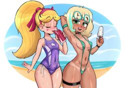2girls arm_behind_head arm_strap armpits bad_tag beach big_breasts bikini bikini_tan blonde_hair breasts can choker cleavage closed_eyes curvy drink drink_can female female_focus food freckles freckles_on_chest freckles_on_thighs green_eyes green_sling_bikini holding holding_drink jackie_lynn_thomas micro_bikini multiple_girls neckwear one-piece_swimsuit panties ponytail popsicle purple_swimsuit rukisan sand short_hair slingshot_swimsuit small_breasts soda soda_can star_butterfly star_vs_the_forces_of_evil string_bikini string_panties sunglasses sunglasses_on_head swimsuit swimwear tan tanline thick_thighs thigh_strap thighs tongue tongue_out wet