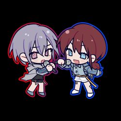 Rule 34 | bang dream!, bang dream! it&#039;s mygo!!!!!, black background, black shorts, blue eyes, blue jacket, blue shirt, brown eyes, brown hair, chibi, chibi only, chinese commentary, commentary request, genre connection, girls band cry, grey hair, grey jacket, hair between eyes, highres, holding, holding microphone, iris769675331, iseri nina, jacket, low twintails, microphone, open clothes, open jacket, open mouth, outline, shirt, short hair, short twintails, shorts, simple background, takamatsu tomori, twintails, white shorts