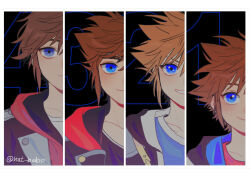 4boys age_progression blue_eyes brown_hair closed_mouth commentary english_commentary grin hat_babo hood kingdom_hearts kingdom_hearts_i kingdom_hearts_ii kingdom_hearts_iii male_focus multiple_boys short_hair smile sora_(kingdom_hearts) spiked_hair twitter_username