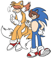 Rule 34 | 2boys, absurdres, ahoge, big nose, blue eyes, brown hair, cosplay, cyborg, cyborg 009, hair over one eye, highres, jet link, long hair, looking at another, multiple boys, orange hair, shimamura joe, short hair, simple background, sonic (series), sonic the hedgehog, tails (sonic), y3