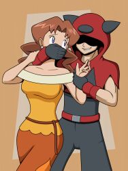 1boy 1girl black_pants brown_hair caroline_(pokemon) nintendo orange_skirt pants pokemon skirt team_magma_grunt
