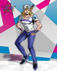 1boy anime_coloring araki_hirohiko_(style) beanie blonde_hair blue_eyes blue_lips blue_pants commentary english_commentary feathers full_body genda_art hands_on_own_hips hat heart_ornament highres hood hood_down hoodie horse_print horseshoe_hat_ornament horseshoe_ornament johnny_joestar jojo_no_kimyou_na_bouken logo makeup male_focus medium_hair official_style pants red_sleeves solo spurs standing star_(symbol) star_print steel_ball_run two-tone_sleeves white_hat white_hoodie white_sleeves wristband
