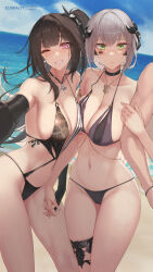 2girls architect_(girls&#039;_frontline) architect_(nvw_model)_(girls&#039;_frontline) barcode barcode_tattoo beach bikini black_bikini black_choker black_gloves black_hair breasts choker collarbone commentary day dutch_angle elbow_gloves eliskalti english_commentary fingerless_gloves gager_(girls&#039;_frontline) girls&#039;_frontline gloves green_eyes grey_hair grin highres holding_hands jewelry large_breasts linea_alba long_hair looking_at_another mixed-language_commentary multiple_girls navel necklace ocean one_eye_closed outdoors patreon_username pink_eyes sangvis_ferri selfie side_ponytail smile swimsuit tattoo