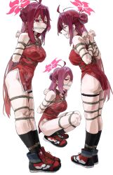1girl a_tea ankle_socks arms_behind_back bare_shoulders bdsm blue_archive bound bound_arms bound_leg breasts china_dress chinese_clothes cloth_gag copyright_request dress female_focus gag gagged highres improvised_gag large_breasts long_hair multiple_views red_eyes red_hair reijo_(blue_archive) shibari shibari_over_clothes shoes sneakers socks solo thigh_strap thighhighs zettai_ryouiki