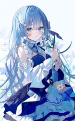 1girl bare_shoulders bellflower blue_dress blue_eyes blue_hair blue_ribbon blush character_request closed_mouth commentary copyright_request cowboy_shot detached_sleeves dress feather_hair_ornament feathers flower frilled_dress frills hair_ornament hair_ribbon highres holding holding_flower long_hair long_sleeves looking_at_viewer neck_ribbon ribbon samo_cha simple_background sleeveless sleeveless_dress smile solo watermark white_background white_sleeves