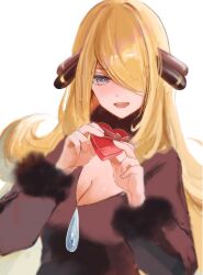 1girl black_coat blonde_hair blush box breasts cleavage coat cynthia_(pokemon) grey_eyes heart-shaped_box highres long_hair medium_breasts nintendo pokemon pokemon_dppt ringosan2329 simple_background solo upper_body valentine very_long_hair white_background