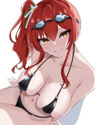 Rule 34 | arm support, azur lane, bikini, black bikini, blush, breasts, cleavage, goggles, goggles on head, hair ornament, halterneck, highres, joo0nnvrppoxqeo, large breasts, looking at viewer, o-ring, o-ring bikini, red hair, side ponytail, skindentation, smile, swimsuit, yellow eyes, zara (azur lane), zara (poolside coincidence) (azur lane)