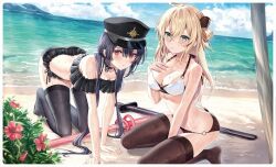 2girls ahoge all_fours alternate_costume beach between_legs bikini blonde_hair blush border breasts cleavage cloud collarbone day duel_monster flower frilled_bikini frills green_eyes grey_hair hair_between_eyes hair_ornament hand_between_legs hand_on_own_chest hat long_hair looking_at_viewer multiple_girls navel o-ring o-ring_bikini ocean peaked_cap red_eyes sand side-tie_bikini_bottom sidelocks sky_striker_ace_-_raye sky_striker_ace_-_roze swimsuit sword thighhighs weapon white_border yu-gi-oh! yuya_(night_lily)