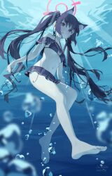 1girl absurdres animal_ear_fluff animal_ears artist_name barefoot bikini bikini_skirt black_bikini black_hair blue_archive cat_ears dated extra_ears frilled_bikini frills full_body halo highres jojeshi long_hair looking_at_viewer ocean off-shoulder_bikini off_shoulder official_alternate_costume red_halo serika_(blue_archive) serika_(swimsuit)_(blue_archive) solo swimsuit twintails underwater