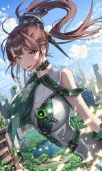 1girl absurdres blue_sky breasts brown_eyes brown_hair building choker commentary_request day eve_(stellar_blade) floating_hair goddess_of_victory:_nikke green_necktie hair_ornament highres impossible_clothes korean_commentary lace lace_choker large_breasts long_hair looking_at_viewer necktie open_mouth ponytail sky smile solo stellar_blade tacco_(tikeworld)