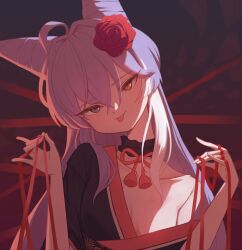 1girl :p absurdres ahoge bonfe94 collarbone heterochromia highres long_hair looking_at_viewer purple_hair solo stellive string string_of_fate tenko_shibuki tongue tongue_out virtual_youtuber yellow_eyes