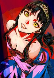 1girl amagi_yukiko black_hair blunt_bangs breasts cleavage collarbone dark_persona dress evil_smile long_hair looking_at_viewer oeilvert_fft parted_bangs persona persona_4 pink_dress shadow_(persona) shadow_yukiko sidelocks smile solo yellow_eyes