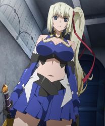 10s 1girl anime_screenshot blonde_hair blue_eyes breasts cleavage female_focus highres large_breasts limalisha long_hair madan_no_ou_to_vanadis navel pleated_skirt ponytail skirt solo sword weapon