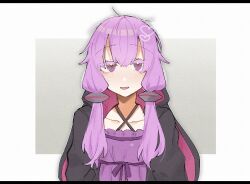 Rule 34 | 1girl, animal hood, black jacket, blush, dress, hair between eyes, hair ornament, heart, highres, hood, hood down, hooded jacket, jacket, jukai-chan, letterboxed, looking at viewer, parted lips, purple dress, purple eyes, purple hair, simple background, solo, upper body, vocaloid, voiceroid, yuzuki yukari