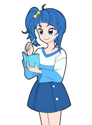 Rule 34 | 1girl, absurdres, blue eyes, blue hair, blue shirt, blue skirt, book, bow, casual, closed mouth, cowboy shot, cut bangs, hair bow, highres, hirogaru sky! precure, holding, holding book, holding pencil, long sleeves, looking to the side, masami 01st, medium hair, miniskirt, pencil, precure, shirt, side ponytail, simple background, single sidelock, skirt, smile, solo, sora harewataru, standing, t-shirt, two-tone shirt, white background, white shirt, yellow bow