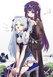 2girls absurdres bare_shoulders blunt_bangs breasts cleavage earrings elf fern_(sousou_no_frieren) flat_chest frieren green_eyes highres jewelry long_hair multiple_girls o-ring open_mouth original parted_bangs pointy_ears purple_eyes purple_hair samele_otaku sousou_no_frieren thigh_strap twintails white_hair