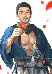 1boy abs aubergrin beard black_hair black_scarf blue_kimono blush brown_eyes chest_hair commentary cowboy_shot english_commentary facial_hair falling_petals flower ghost_of_tsushima grin hair_pulled_back hakama hakama_pants hand_up highres holding holding_flower japanese_clothes katana kimono long_sleeves looking_at_viewer male_focus mixed-language_commentary mole mole_under_eye mustache open_clothes open_kimono pants pectorals petals red_flower red_petals sakai_jin scarf sheath short_hair simple_background smile solo sword teeth twitter_username weapon white_background white_pants wide_sleeves