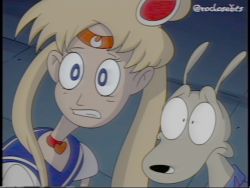 1990s_(style) 1boy 1girl bishoujo_senshi_sailor_moon blonde_hair blue_eyes blue_shirt choker crossover fake_screenshot hair_ornament heart heart_choker kangaroo long_hair meme nickelodeon parody red_choker retro_artstyle rocko rocko&#039;s_edits rocko&#039;s_modern_life sailor_moon sailor_moon_redraw_challenge_(meme) scared shirt teeth tiara tsukino_usagi twintails