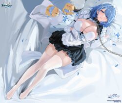 1girl alternate_costume animal animal_collar apron azur_lane bed_sheet bird black_dress blue_hair blush breasts chain chain_leash chapayev_(azur_lane) chick cleavage cleavage_cutout closed_mouth clothing_cutout collar copyright_name copyright_notice dress enmaided feet flower frilled_dress frills full_body gloves hair_ornament hair_over_one_eye hairclip half-closed_eyes hat highres large_breasts leash logo long_sleeves looking_at_viewer lying maid maid_apron maid_headdress manjuu_(azur_lane) medium_hair military_hat mole mole_on_breast momokan_(kandume200) non-web_source official_art on_back on_bed peaked_cap petals pillow purple_eyes short_dress swept_bangs thighhighs thighs two-tone_dress unworn_hat unworn_headwear viewer_holding_leash white_dress white_gloves white_hat white_thighhighs zettai_ryouiki