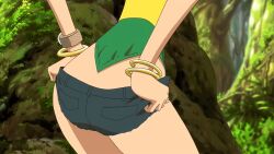 animated animated_gif anime_screenshot ass ass_focus ass_shake billy_(one_piece) bird bracelet breasts brown_eyes denim denim_shorts jewelry large_breasts log_pose monkey_d._luffy multicolored_shirt nami_(one_piece) navel one_piece one_piece:_strong_world orange_hair shirt short_shorts short_twintails shorts shoulder_tattoo tattoo twintails