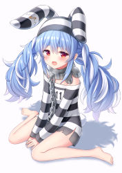 1girl animal_ears animal_hat bare_legs barefoot between_legs blue_hair blush chain collar commentary_request fake_animal_ears hair_between_eyes hand_between_legs hat highres hololive kaie long_sleeves looking_at_viewer metal_collar multicolored_hair off-shoulder_shirt off_shoulder open_mouth prison_clothes rabbit_ears rabbit_hat rabbit_tail red_eyes safety_pin shadow shirt short_eyebrows sitting sleeves_past_wrists solo striped_clothes striped_shirt tail tears thick_eyebrows twintails two-tone_hair usada_pekora usada_pekora_(prisoner) virtual_youtuber wariza wavy_mouth white_background white_hair
