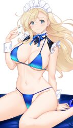 Rule 34 | 1girl, bikini, blonde hair, blue bikini, blue eyes, blue nails, blue ribbon, breasts, cleavage, commentary request, hataraki kuma, highres, large breasts, long hair, looking at viewer, maid, maid headdress, nail polish, neck ribbon, original, ribbon, sitting, solo, swimsuit, wariza, white background