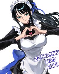 1girl apron black_hair black_shirt blue_eyes blunt_bangs bow breasts frilled_apron frills hair_ornament heart heart_hands highres kasumi_6 large_breasts long_hair maid maid_apron maid_headdress nico_robin one_piece ponytail shirt smile