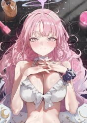Rule 34 | 1girl, absurdres, bare arms, bare shoulders, bikini, blue archive, blush, breasts, cleavage, closed mouth, feathered wings, halo, highres, large breasts, light smile, long hair, mika (blue archive), mika (swimsuit) (blue archive), official alternate costume, own hands together, pepq, pink eyes, pink hair, purple halo, purple scrunchie, scrunchie, solo, sweat, swimsuit, upper body, white bikini, white wings, wings, wrist scrunchie, yellow eyes