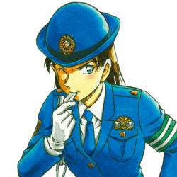 Rule 34 | 1girl, aoyama goushou, armband, black hair, blowing whistle, blue eyes, blue hat, blue jacket, blue necktie, collared shirt, gloves, green armband, hand on own hip, hat, holding, holding whistle, jacket, japan national police, leaning forward, long hair, looking to the side, lowres, meitantei conan, miyamoto yumi, necktie, official art, police, police hat, police uniform, policewoman, shirt, simple background, solo, upper body, whistle, whistle around neck, white background, white gloves, white shirt