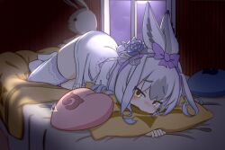 :3 animal_ears blue_flower blue_rose blush bow flower grey_hair hair_between_eyes hair_bow hair_flower hair_ornament hairband heart heart-shaped_pillow japari_symbol kemono_friends looking_at_viewer moonlight multicolored_hair night night_sky on_bed onefiresticks pillow pillow_bite purple_bow rabbit_ears rabbit_girl rabbit_tail rose shirt sidelocks sky snowshoe_hare_(kemono_friends) tail thighhighs white_hair white_shirt white_thighhighs yellow_eyes zettai_ryouiki