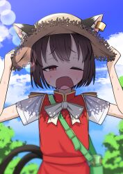 1girl absurdres alternate_headwear animal_ear_fluff animal_ear_piercing animal_ears asakura_haru blush bottle brown_hair cat_ears cat_tail chen commentary_request cowboy_shot dot_nose double-parted_bangs earrings fang flat_chest gold_trim half-closed_eye hands_on_headwear hands_up hat highres hot jewelry lens_flare multiple_tails nekomata one_eye_closed open_mouth outdoors raised_inner_eyebrows red_skirt red_vest short_hair single_earring skirt skirt_set slit_pupils solo straw_hat sweat tail tongue touhou two_tails vest water_bottle