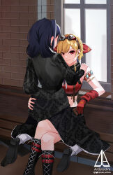 2girls absurdres black_boots black_scarf black_shoes blanc_(studio_artblock) blonde_hair blue_hair blush boots breasts closed_mouth cropped_sweater crossed_legs dress gloves goggles goggles_on_head hair_over_shoulder hand_on_another&#039;s_shoulder hashtag-only_commentary highres hololive hololive_english hololive_indonesia kaela_kovalskia kaela_kovalskia_(4th_costume) multiple_girls official_alternate_costume official_alternate_hairstyle on_bench ouro_kronii ouro_kronii_(maid) red_eyes red_gloves ribbed_sweater scarf shoes single_glove sitting sweater virtual_youtuber yuri