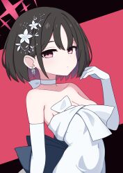 1girl absurdres black_hair blue_archive breasts choker cosplay dress earrings elbow_gloves gloves halo highres jewelry large_breasts looking_at_viewer misaki_(blue_archive) red_eyes red_halo saori_(blue_archive) saori_(blue_archive)_(cosplay) saori_(dress)_(blue_archive) short_hair solo strapless strapless_dress upper_body white_choker white_dress white_gloves zddma20