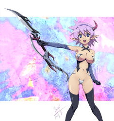 1girl armor bikini_armor black_thighhighs blade blue_eyes breasts c-string cleavage crotch_plate elbow_gloves elf female_focus gloves hairband highres horns maebari mcq navel open_mouth original pasties pointy_ears purple_hair revealing_clothes short_hair single_horn smile solo strapless_bottom thighhighs weapon