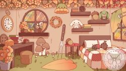 acorn arunyi bed book book_stack buttons cameo character_doll cheese cinnamoroll commentary commission doll english_commentary flower flower_wreath food fuwa_fuwa_cinnamoroll hatsune_miku highres indoors mushroom no_humans original pillow sanrio scenery shelf stuffed_animal stuffed_toy vgen_commission vocaloid warm_colored watermark window yellow_flower
