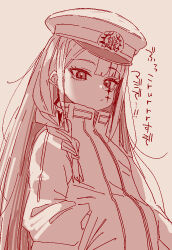 1girl birthmark braid hands_in_pockets hat high_collar igari_heiichi long_hair monochrome nue_no_onmyouji peaked_cap sidelocks sketch solo suujiniku