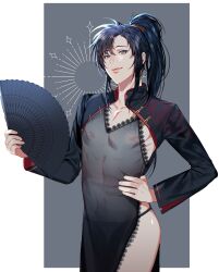 Rule 34 | 1boy, absurdres, ahoge, alternate costume, bishounen, black dress, black hair, black panties, black shrug, border, china dress, chinese clothes, cleavage cutout, closed mouth, clothing cutout, collarbone, covered erect nipples, covered navel, cowboy shot, crossdressing, dress, folding fan, grey background, grey eyes, hair between eyes, hand fan, hand on own hip, high ponytail, highres, holding, holding fan, jujeop, korean commentary, lace, lace-trimmed panties, lace trim, lips, long hair, long sleeves, looking at viewer, male focus, modao zushi, nipples, outside border, panties, pectoral cleavage, pectorals, pelvic curtain, ponytail, revealing clothes, see-through clothes, see-through dress, shiny skin, shrug (clothing), side slit, sidelocks, simple background, smile, solo, sparkle, standing, trap, underwear, wei wuxian, white border