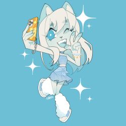 1girl animal_ears bare_shoulders bead_bracelet beads blue_background blue_bow blue_choker blue_eyes blue_shoes blue_skirt blue_tongue blue_tube_top bow bracelet bright_pupils cat_ears cat_girl cellphone chibi choker claws colored_tongue commentary commission english_commentary eyelashes eyes_visible_through_hair fangs frilled_skirt frills fur_leg_warmers furry furry_female hair_between_eyes happy high-waist_skirt highres holding holding_phone jewelry leg_up leg_warmers long_hair looking_at_object midriff miniskirt multicolored_shoes multiple_bracelets one_eye_closed open_mouth original pawpads phone selfie shoes sidelocks signature simple_background skirt skirt_set smartphone smile sneakers solo sparkle star_bracelet strapless teeth tube_top two-tone_shoes upper_teeth_only v waist_bow white_hair white_leg_warmers white_pupils white_shoes wikate y2k_fashion
