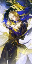 1boy absurdres alternate_form asymmetrical_wings bare_pectorals black_shirt black_wings blonde_hair commentary cowboy_shot cracked_skin hair_between_eyes halo halo_behind_head highres honkai:_star_rail honkai_(series) looking_at_viewer male_focus material_growth nong_345 pectorals phainon_(honkai:_star_rail) shirt short_hair solo torn_clothes torn_shirt wings yellow_blood yellow_eyes yellow_wings