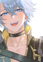 Rule 34 | 0p78xopwsj83779, 1boy, black choker, blue eyes, choker, coat, gold tattoo, hashtag-only commentary, highres, honkai: star rail, honkai (series), looking at viewer, male focus, neck tattoo, open mouth, phainon (honkai: star rail), simple background, smile, solo, tattoo, upper body, white background, white hair