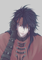 Rule 34 | 1boy, arm strap, belt buckle, black gloves, black hair, buckle, cloak, closed mouth, commentary, final fantasy, final fantasy vii, gloves, grey background, hair between eyes, headband, long hair, long sleeves, looking at viewer, male focus, red cloak, red eyes, red headband, roco pic, solo, spiked hair, straight-on, symbol-only commentary, twitter username, upper body, vincent valentine