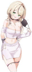1girl arm_behind_back arm_warmers bare_shoulders belt belt_collar black_collar black_hair black_mask black_nails blonde_hair blush breasts cleavage collar colored_inner_hair cropped_legs cross cross_necklace dated ear_chain fang green_eyes hair_intakes heart heart_o-ring highres jewelry koishi_(kiwi0314) kurumi_noah kurumi_noah_(7th_costume) large_breasts leg_tattoo linked_piercing long_hair looking_at_viewer mask mask_pull midriff miniskirt mouth_mask multicolored_hair navel necklace o-ring off-shoulder_shirt off_shoulder piercing purple_belt shirt side_slit simple_background skin_fang skindentation skirt smile solo stomach streaked_hair tattoo thigh_strap virtual_youtuber vspo! white_background white_shirt zipper_pull_tab