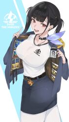 Rule 34 | 1girl, absurdres, black bra, black choker, black hair, bra, bra visible through clothes, breasts, choker, contraband, goddess of victory: nikke, highres, jacket, large breasts, long hair, looking at viewer, nagato tsumugu, open clothes, open jacket, open mouth, opened by self, pantyhose, red eyes, shirt, simple background, skirt, smile, solo, sora (nikke), teeth, twintails, underwear, white pantyhose, white shirt
