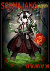 1girl animal_ears black_coat black_eyes black_hair black_pantyhose coat collared_shirt dekapiyo dog_ears flower full_body highres holding holding_whip jang_schna lapels limbus_company looking_at_viewer lunacy_(limbus_company) notched_lapels open_mouth pantyhose project_moon red_flower red_rose rose shirt solo vine_whip virtual_youtuber white_shirt