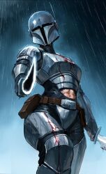 1girl abs armor belt blood blood_on_clothes helmet highres holding holding_knife knife looking_at_viewer mandalorian original rain robusta_mania second-party_source solo star_wars