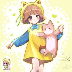 1girl :&lt; animal_ears animal_hat beret blue_bow blue_bowtie blush bow bowtie brown_hair cat_ears cat_hat character_request chibi closed_mouth dress fake_animal_ears feet_out_of_frame green_outline green_ribbon hat heart holding holding_stuffed_toy leafwow long_sleeves maplestory outline puffy_long_sleeves puffy_sleeves purple_eyes reference_inset ribbon stuffed_animal stuffed_cat stuffed_toy yellow_dress yellow_hat