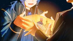 Rule 34 | 2boys, asher11432, black hair, black mask, black necktie, black shirt, black suit, blue coat, blue hair, box, brooch, chesed (project moon), chibi, chibi inset, coat, collared shirt, formal clothes, frills, glowing, head out of frame, highres, holding, holding box, jewelry, library of ruina, looking at another, low ponytail, male focus, multiple boys, necktie, open mouth, ponytail, popped collar, project moon, roland (project moon), shirt, short hair, sidelocks, size difference, star (sky), starry sky background, suit, sword, weapon