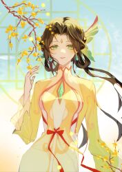 1girl absurdres artist_request bad_source branch breasts brown_hair chinese_clothes dress earrings facial_mark flower fujin_(genshin_impact) gem genshin_impact green_eyes hair_ornament hair_rings highres jewelry long_hair long_sleeves looking_at_viewer smile solo webp-to-png_conversion window wintersweet yellow_dress